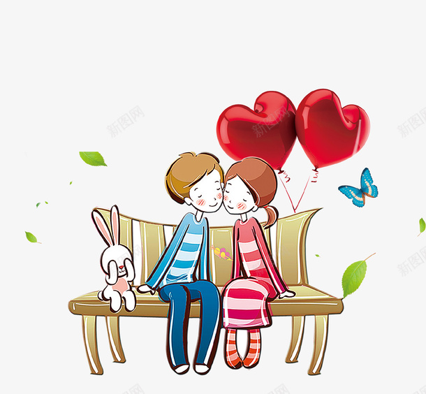 手绘浪漫情侣插画psd免抠素材_新图网 https://ixintu.com 兔子 情侣 手绘 插画 气球 爱心 约会 长椅