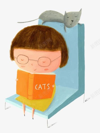 看书的少女png免抠素材_新图网 https://ixintu.com 儿童插画 手绘学生 猫咪插画
