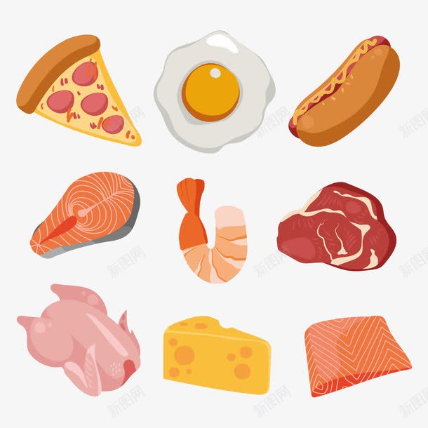 食物png免抠素材_新图网 https://ixintu.com 奶酪 披萨 热狗 煎蛋 牛肉 生鱼片 虾仁 鳕鱼 鸡肉