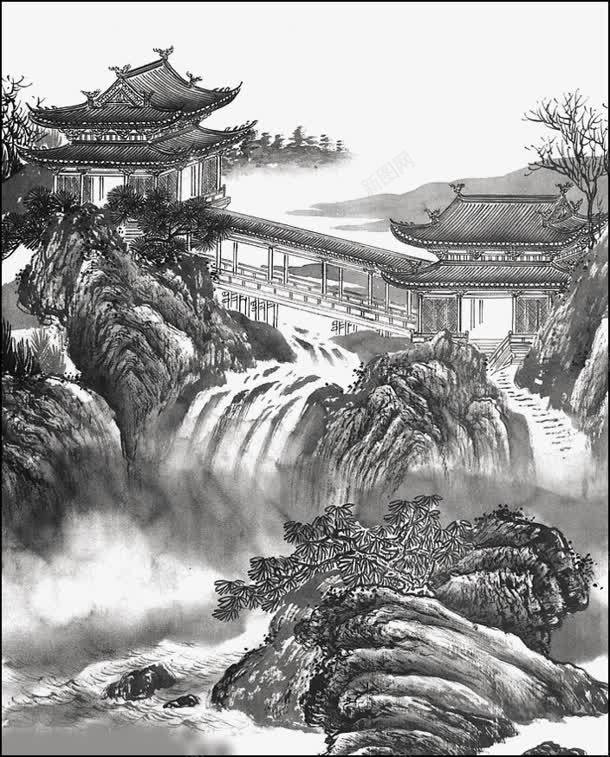 水墨山水画瀑布png免抠素材_新图网 https://ixintu.com 山水画 水墨 瀑布