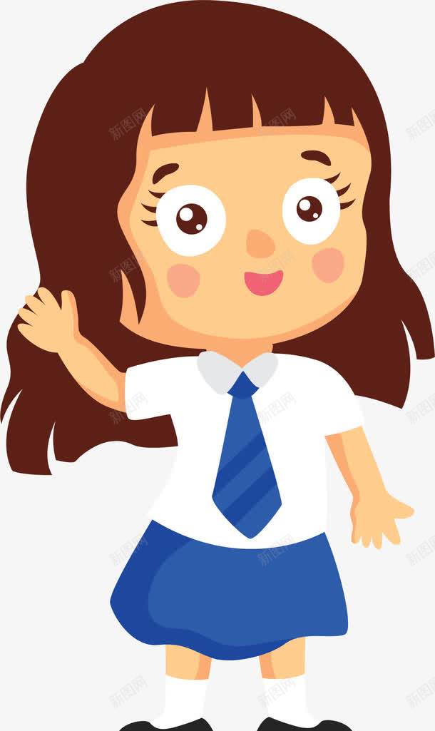 挥手的女孩png免抠素材_新图网 https://ixintu.com 卡通人物 卡通礼貌 去上学 夏季校服 小女孩 小学生 打招呼 招手 挥手 穿制服 穿校服 长发