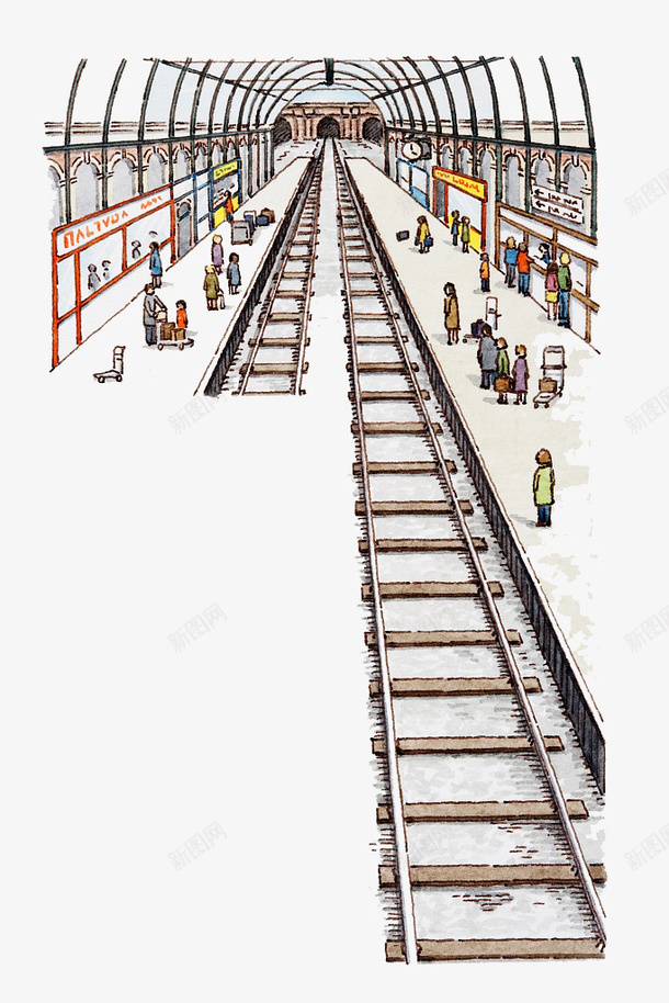 手绘插图火车站站台png免抠素材_新图网 https://ixintu.com 乘车的人 天篷 拱廊 火车站站台 车站月台 铁轨轨道