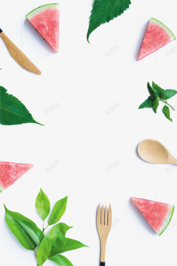 清凉夏日水果装饰图案png免抠素材_新图网 https://ixintu.com 勺子 夏季 树叶 水果 清凉 背景 装饰图案 西瓜