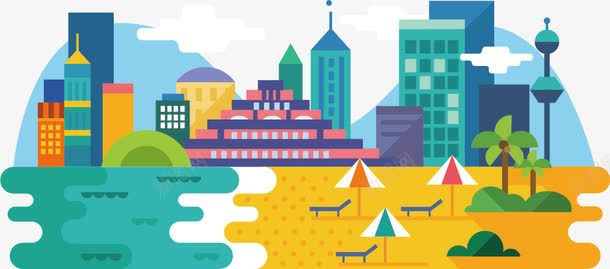 扁平化卡通风景png免抠素材_新图网 https://ixintu.com 卡通风景 城市 大海 平面设计 扁平图案 沙滩 背景素材 高楼 魅力城市