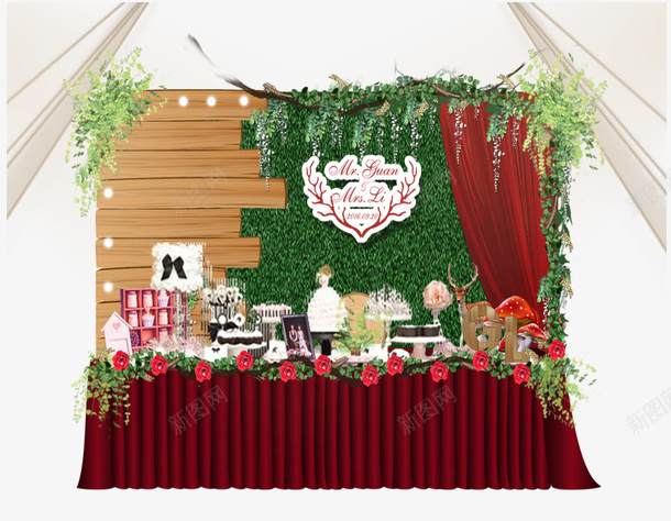 婚礼甜品台红色鲜花psd免抠素材_新图网 https://ixintu.com 婚礼甜品台 摆盘 木板背景 树叶 红色 蛋糕架 鲜花