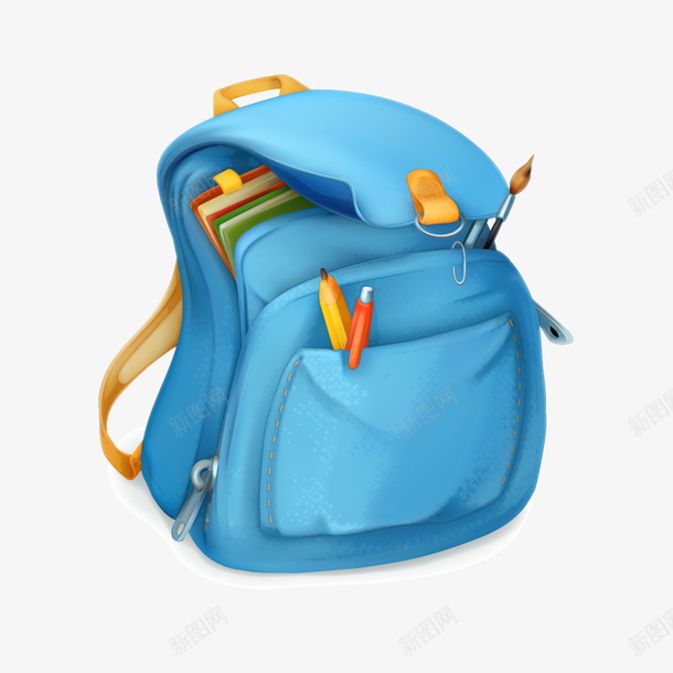 卡通蓝色书包矢量图ai免抠素材_新图网 https://ixintu.com 书包 卡通 双肩包 学习用具 整理书包 矢量图 蓝色 装着书的书包
