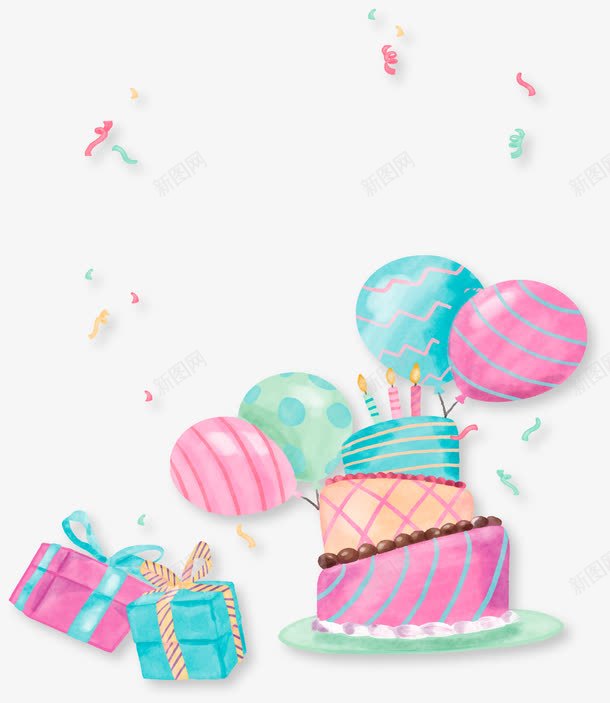 可爱的手绘蛋糕派对png免抠素材_新图网 https://ixintu.com 手绘蛋糕 气球 生日蛋糕 矢量png 礼物盒 蛋糕
