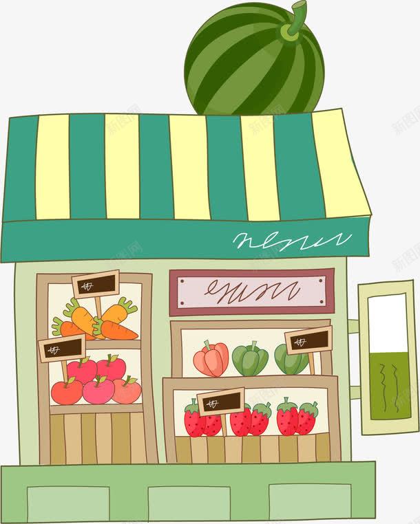 卡通水果店png免抠素材_新图网 https://ixintu.com 卡通水果店 可爱建筑 商店 建筑 水果店 水果杂货铺 蔬菜 西瓜
