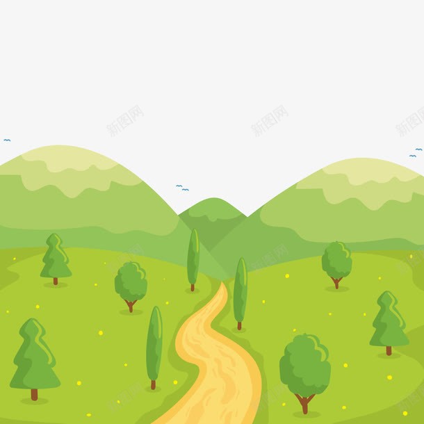 手绘风景画png免抠素材_新图网 https://ixintu.com 小路 绿色树木 绿色草地 背景装饰 风景画