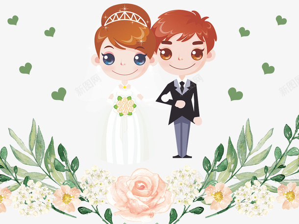 2018小清新植物婚礼卡通海报psd免抠素材_新图网 https://ixintu.com 卡通 婚礼 新娘 新郎 浪漫 玫瑰花 结婚 鲜花