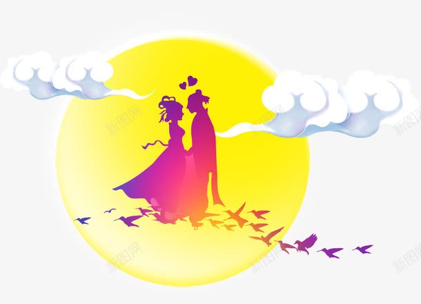 七夕鹊桥会装饰图案png免抠素材_新图网 https://ixintu.com 七夕节 圆月 牛郎织女 祥云 装饰图案 鹊桥会