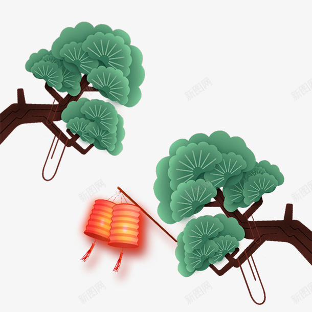 红色节日灯笼图标psd_新图网 https://ixintu.com 亮光 喜庆 松树 枝干 灯笼 红色 绿色 节日