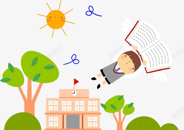 拿着书本飞翔的男生png免抠素材_新图网 https://ixintu.com 书本 卡通 大树 太阳 学校 学生 插图 白天男生 飞翔的