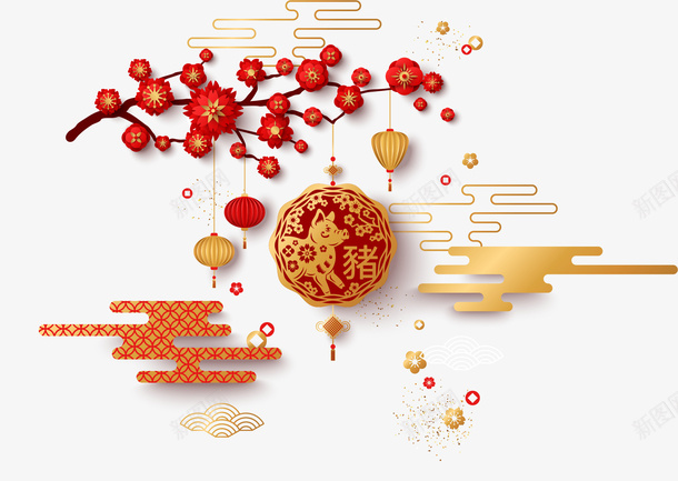 喜庆红色新年挂饰背景png免抠素材_新图网 https://ixintu.com 创意 喜庆 挂饰 新年 梅花 猪挂坠 祥云 红色 背景