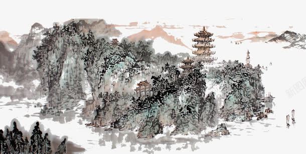 故人西辞黄鹤楼国画png免抠素材_新图网 https://ixintu.com 中国风 亭阁 国画 山水画 故人 水墨画 西辞 黄鹤楼