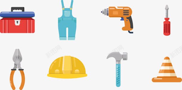 建筑装潢工具箱图标png_新图网 https://ixintu.com 冲击钻 卡通图标 安全帽 工具箱图标 工程师 建筑装潢 扳手 榔头 电钻 电锤 背带裤图标 装潢装修工具 钳子