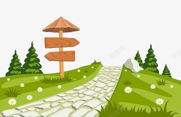 手绘卡通石子小路png免抠素材_新图网 https://ixintu.com 弯曲 弯道 指示牌 木牌 树 石子路 绿色 草地 蜿蜒小路 路道 道路