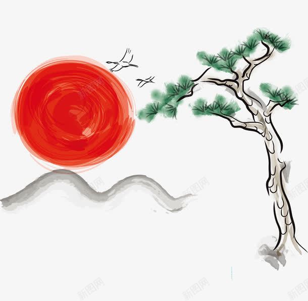 手绘水墨阳光山水png免抠素材_新图网 https://ixintu.com 发光 大雁 太阳 山峦 日出东方 旭日东升 松树 水墨画 阳光
