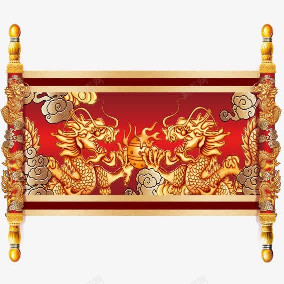 红底二龙戏珠画卷psd免抠素材_新图网 https://ixintu.com 手绘 皇室 红底 绢布
