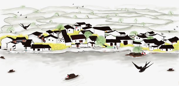 清明节手绘风景插画psd免抠素材_新图网 https://ixintu.com 中国风 山水 房屋 手绘插画 民居 水墨风 清明节