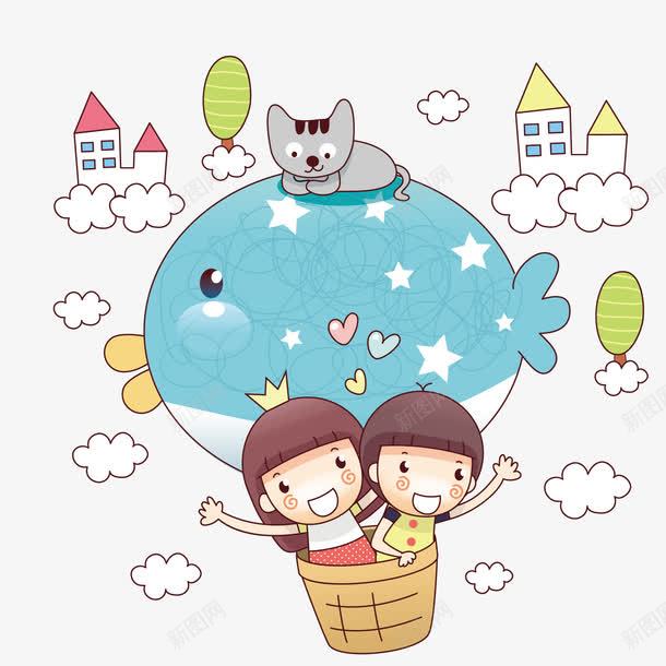 鲸鱼热气球和坐在框里的小孩子矢量图ai免抠素材_新图网 https://ixintu.com 小孩子 小猫 热气球 鲸鱼 矢量图