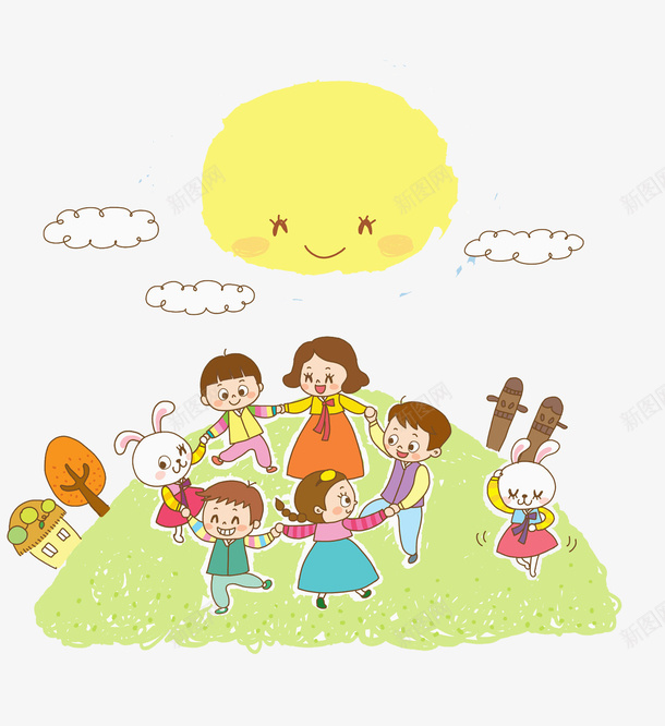 手牵手转圈的孩子们png免抠素材_新图网 https://ixintu.com 商务 围成圆圈 壁纸 太阳 孩子 封面 少数民族 彩色 手牵手 手牵手的小朋友 手绘 拥抱太阳 插图 转圈卡通 转圈圈