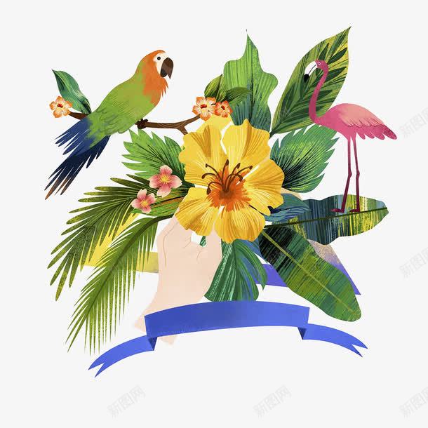 鸟儿和植物插画png免抠素材_新图网 https://ixintu.com 人手 动物 叶子 夏天 季节 木头 棕榈树 植物 椰树 火烈鸟 火焰鸟 热带插画 花 鹦鹉