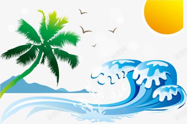 夏日海报元素png免抠素材_新图网 https://ixintu.com 卡通 夏日 椰树 浪花 海鸥