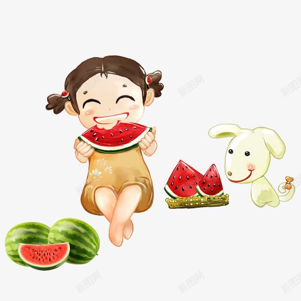 吃西瓜的小女孩插画png免抠素材_新图网 https://ixintu.com 凉爽 可爱卡通儿童插画 吃西瓜 夏季 小女孩 小狗 插画 水彩画