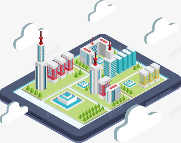 平板电脑上的建筑模型png免抠素材_新图网 https://ixintu.com 互联网 人工智能 城市模型 建筑模型 智慧城市 矢量png