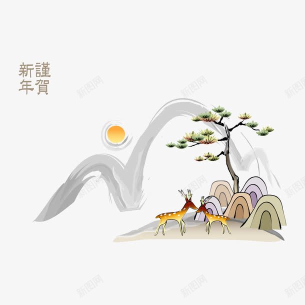 简约水墨画矢量图ai免抠素材_新图网 https://ixintu.com 中国风 小鹿 山水 水彩 矢量图