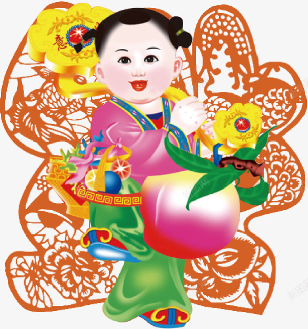 扛着金色如意的福娃贴画png免抠素材_新图网 https://ixintu.com 如意 新年 春节装饰 福娃 福娃窗花 福字 节日装饰 贴画 金色