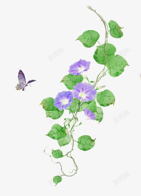 卡通牵牛花png免抠素材_新图网 https://ixintu.com 卡通 手绘 条形牵牛花 水彩 牵牛花 紫色 绿叶 蝴蝶 装饰