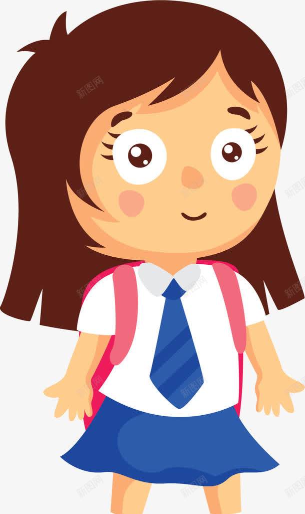 卡通手绘长发女孩png免抠素材_新图网 https://ixintu.com 卡通人物 去上学 夏季校服 小女孩 小学生 穿制服 穿校服 背书包 长发女孩