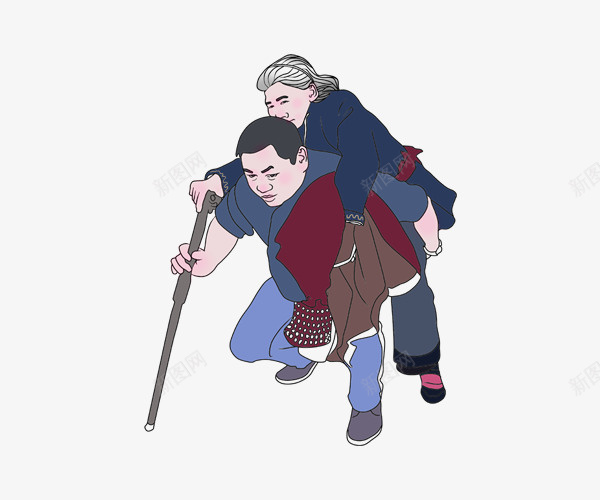 中国传统文化孝道儿子背着母亲png免抠素材_新图网 https://ixintu.com 中国传统文化孝道儿子背着母亲 儿子背着母亲 卡通手绘 孝道