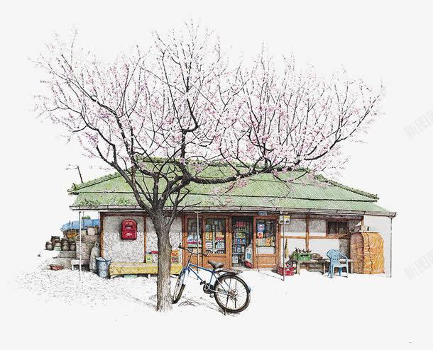 樱花树下的杂货店png免抠素材_新图网 https://ixintu.com 便利店 便利店招牌 房屋 手绘 杂货 杂货店 樱花 樱花树 水彩 超市