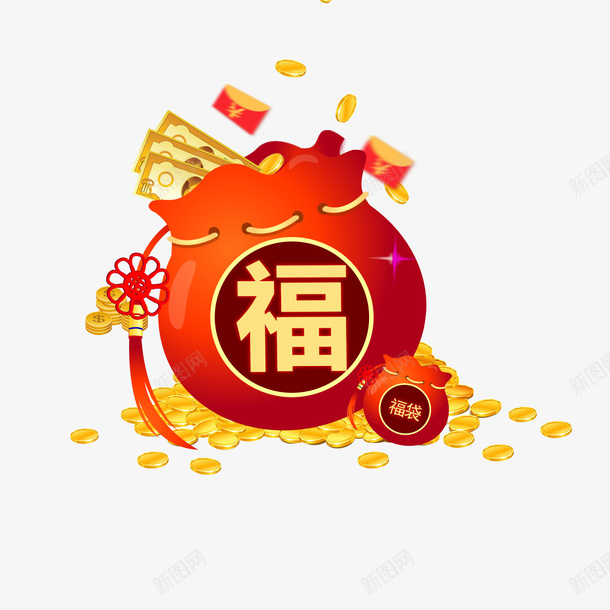 红色福袋png免抠素材_新图网 https://ixintu.com png 中国结 福袋 素材 金币 钱币