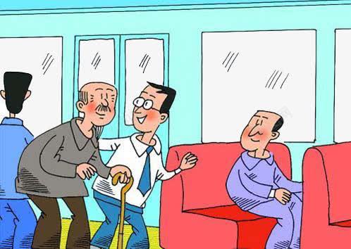 创建文明城市让座png免抠素材_新图网 https://ixintu.com 公交 公交车上 创意漫画素材 宣传教育 扶着拄拐杖的老爷爷过马路 爱心公交车 瘸腿 给老人让座 老人优先