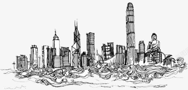 手绘中国香港维多利亚港png免抠素材_新图网 https://ixintu.com 中华人民共和国香港特别行政区 中国 中国香港 我爱香港 手绘 手绘香港 旅游 水墨建筑 线描 维多利亚港 香港 香港卡通