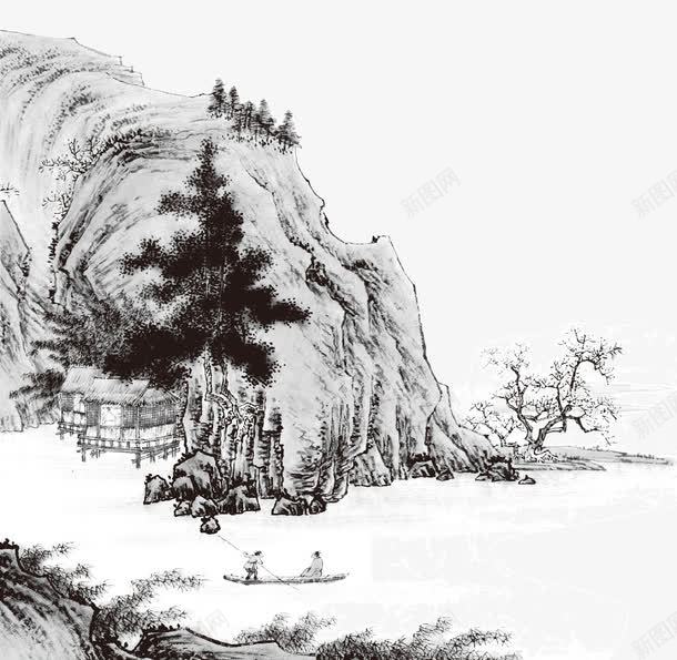 磅礴山水画png免抠素材_新图网 https://ixintu.com 国画 山水 气势 渔船