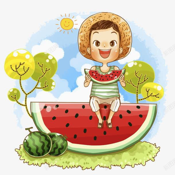 手绘吃西瓜的小孩png免抠素材_新图网 https://ixintu.com 吃西瓜 夏日 太阳 小孩 手绘西瓜 水果