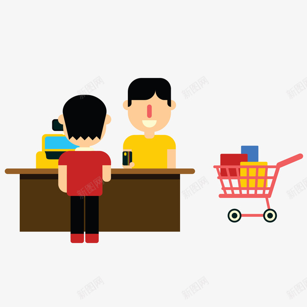 手绘超市购物付款矢量图ai免抠素材_新图网 https://ixintu.com 刷卡 扁平化 支付界面 收银台 收银员 消费者 购物车 超市 矢量图