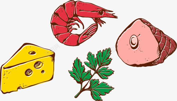 卡通手绘食物虾芝士香叶肉png免抠素材_新图网 https://ixintu.com 卡通 手绘 火腿 熟虾 肉 芝士 食品 食物 香叶