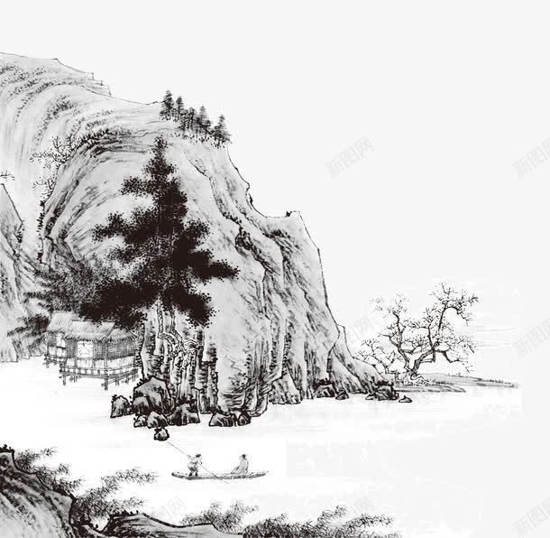 山水画png免抠素材_新图网 https://ixintu.com 人家 大山 山水画 渔翁