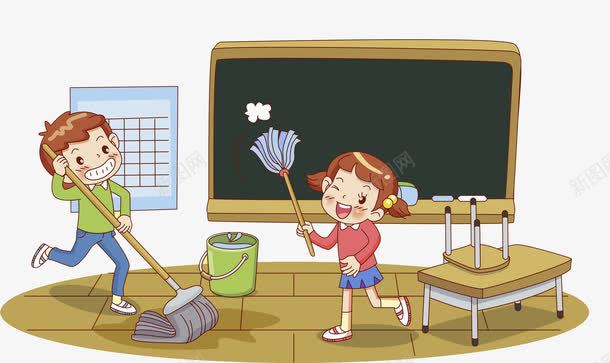 打扫卫生的孩子png免抠素材_新图网 https://ixintu.com 卡通 女孩 开学啦 开学季 手绘 扫地 拖把 教室 男孩 黑板