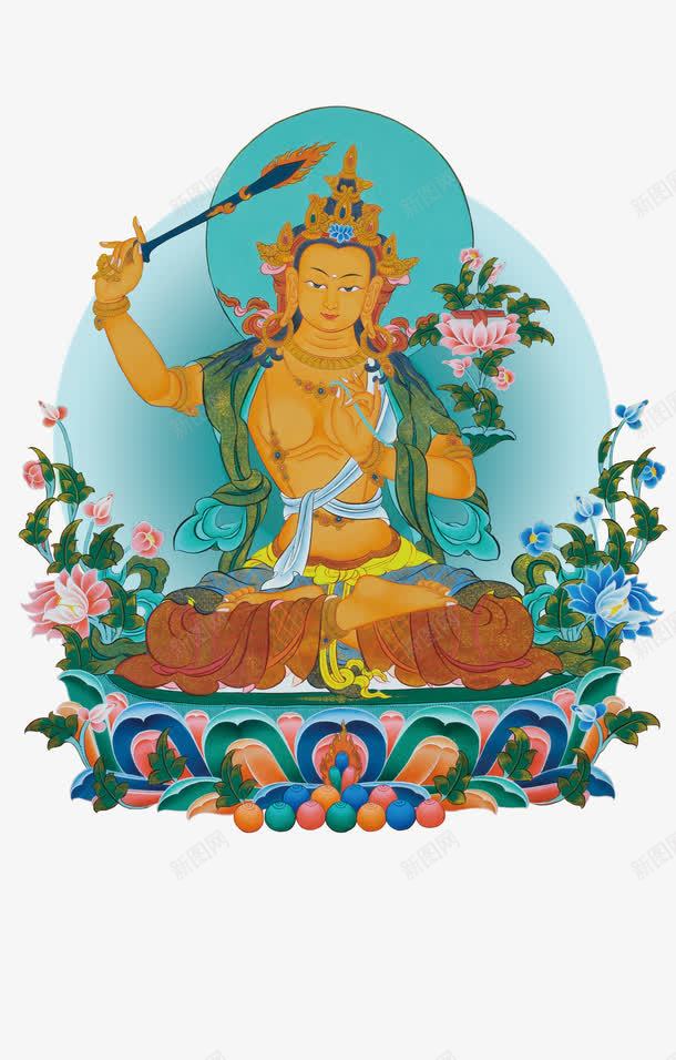 文殊菩萨png免抠素材_新图网 https://ixintu.com 卡通 手绘 文殊菩萨 神佛菩萨 绿色 花朵 莲花座 观音菩萨图片 黄色