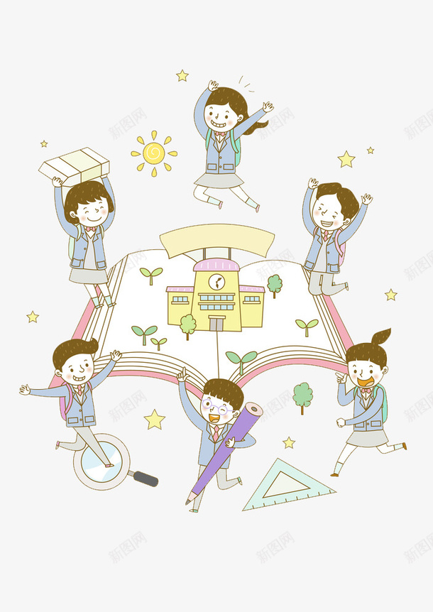 书香校园png免抠素材_新图网 https://ixintu.com 卡通 图书 壁纸 学校 学校场景 封面 彩色 手绘 插图