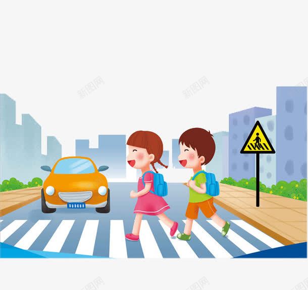 排队过马路png免抠素材_新图网 https://ixintu.com 交通标志 小轿车 斑马线 树木 男孩女孩 背书包 高楼大厦