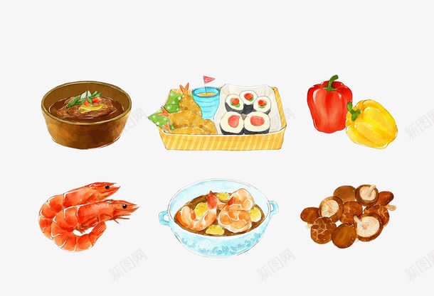 手绘日式美食png免抠素材_新图网 https://ixintu.com 主食 寿司 彩椒 手绘 日式料理 米粒 美食 虾仁 食物 饭粒 香菇