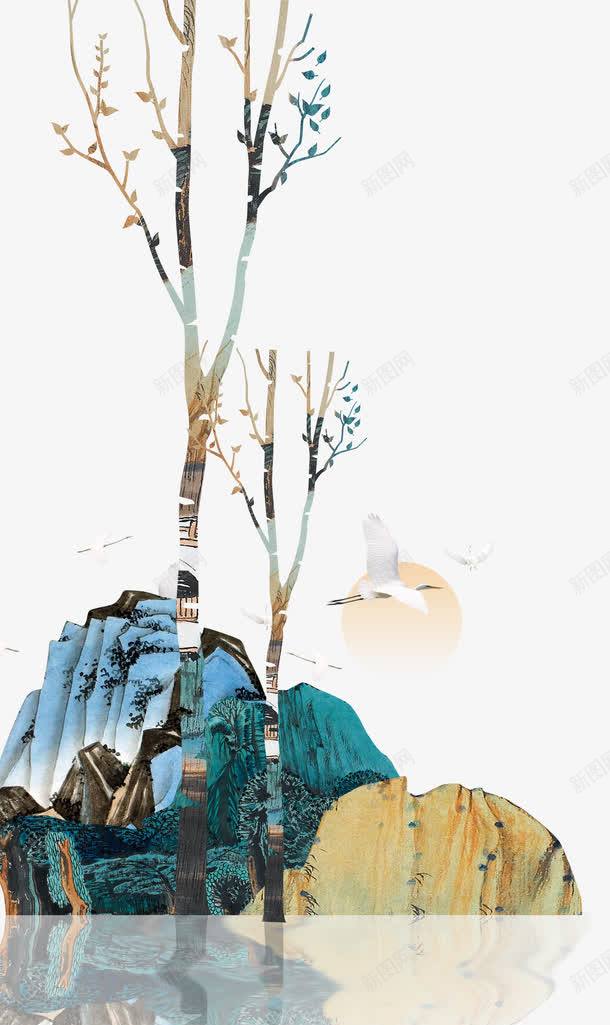 手绘山水倒影psd免抠素材_新图网 https://ixintu.com PNG素材 倒影 山水画 手绘